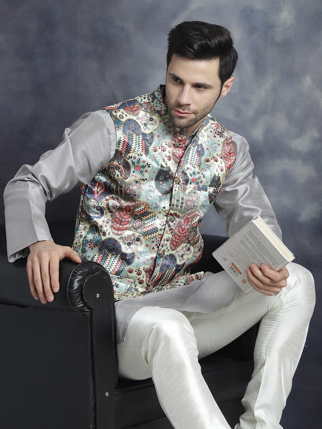 Jompers Men's Digital Print and Zari Work Nehru Jacket With Kurta Pyjama Set - Blue - Distacart