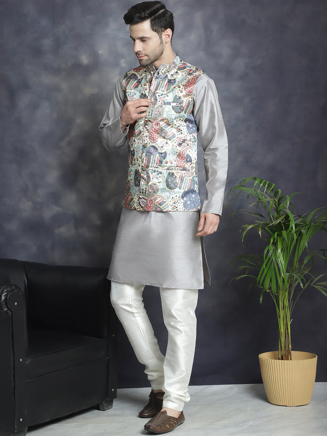 Jompers Men's Digital Print and Zari Work Nehru Jacket With Kurta Pyjama Set - Blue - Distacart