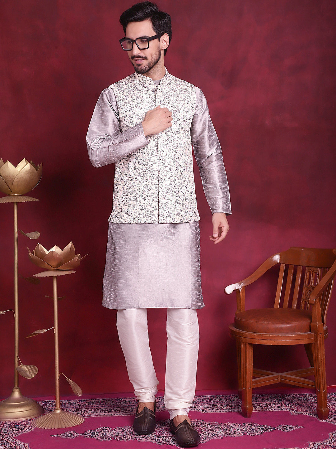 Jompers Men's Woven Design Nehru Jacket With Kurta Pyjama Set - Grey - Distacart