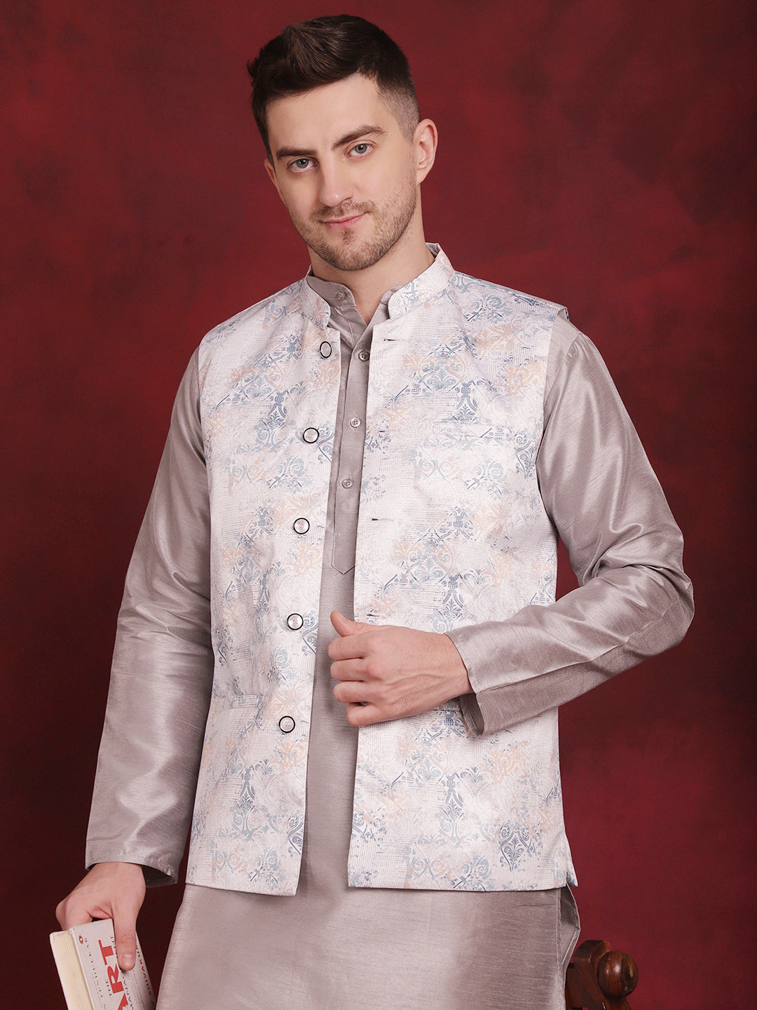 Jompers Men's Silver Floral Printed Nehru Jacket With Kurta Pyjama Set - Distacart
