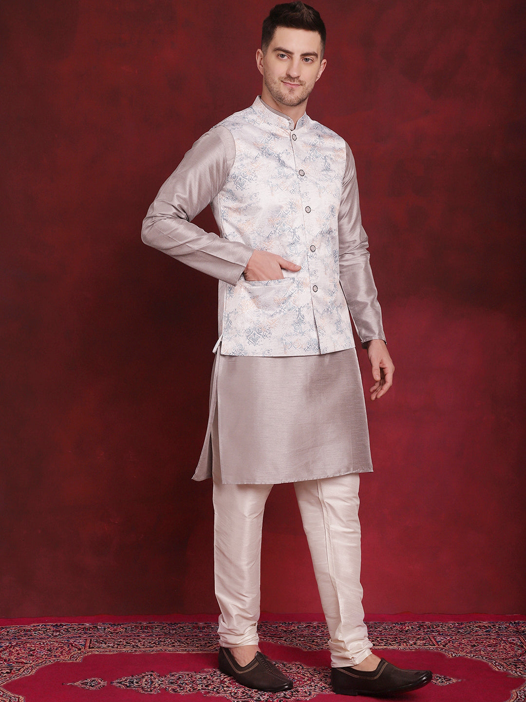 Jompers Men's Silver Floral Printed Nehru Jacket With Kurta Pyjama Set - Distacart