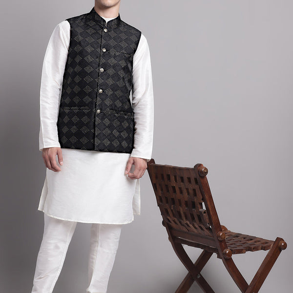 Jompers Men's Black Woven Design Nehru Jacket With Solid Kurta Pyjama - Distacart