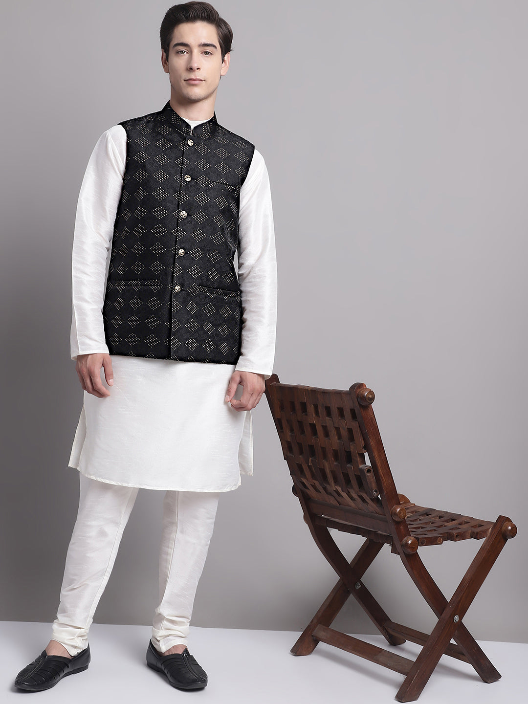 Jompers Men's Black Woven Design Nehru Jacket With Solid Kurta Pyjama - Distacart