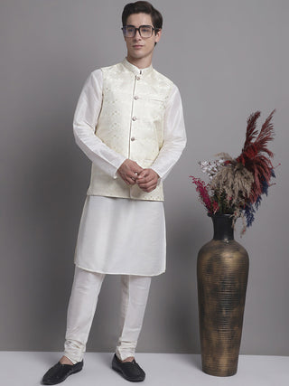Jompers Men's Cream Woven Design Nehru Jacket With Solid Kurta Pyjama - Distacart