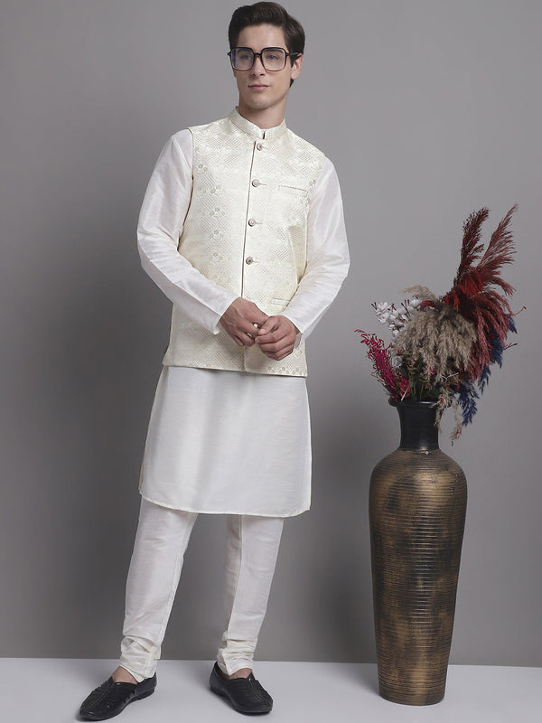 Jompers Men's Cream Woven Design Nehru Jacket With Solid Kurta Pyjama - Distacart