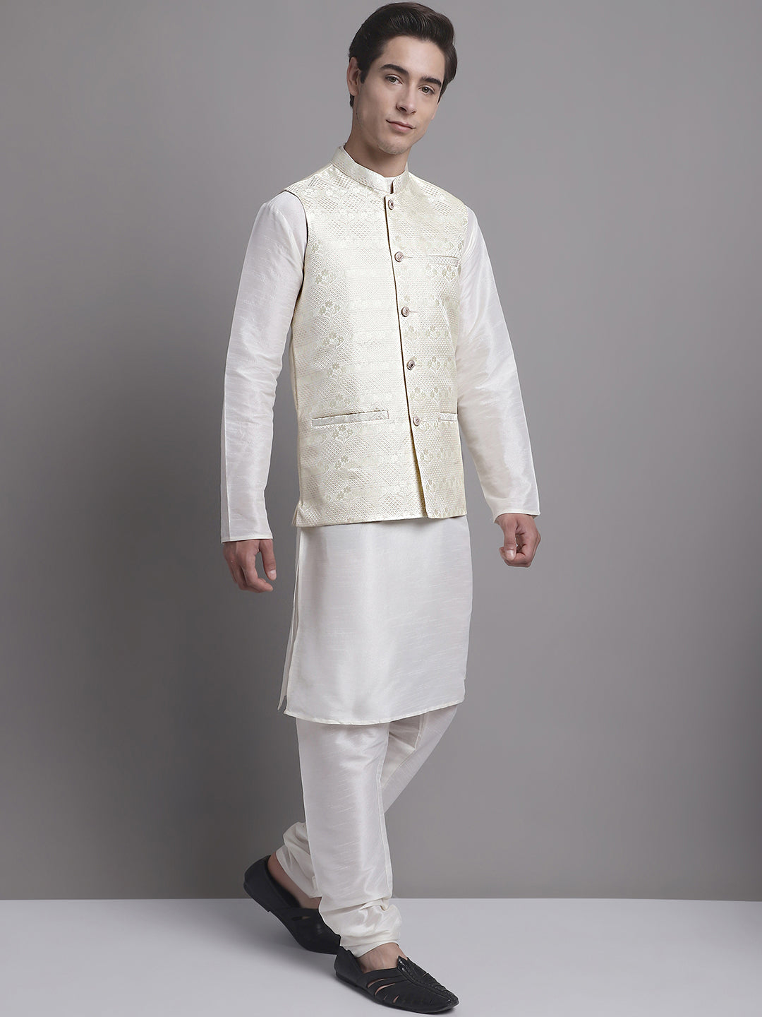 Jompers Men's Cream Woven Design Nehru Jacket With Solid Kurta Pyjama - Distacart