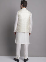 Thumbnail for Jompers Men's Cream Woven Design Nehru Jacket With Solid Kurta Pyjama - Distacart