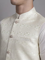 Thumbnail for Jompers Men's Cream Woven Design Nehru Jacket With Solid Kurta Pyjama - Distacart