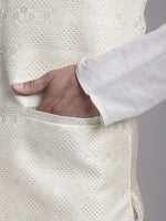 Thumbnail for Jompers Men's Cream Woven Design Nehru Jacket With Solid Kurta Pyjama - Distacart