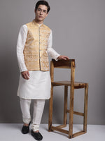 Thumbnail for Jompers Men's Golden Woven Design Nehru Jacket With Solid Kurta Pyjama - Distacart