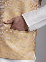 Thumbnail for Jompers Men's Golden Woven Design Nehru Jacket With Solid Kurta Pyjama - Distacart