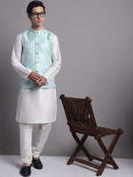 Thumbnail for Jompers Men's Turquoise Blue Woven Design Nehru Jacket With Solid Kurta Pyjama - Distacart