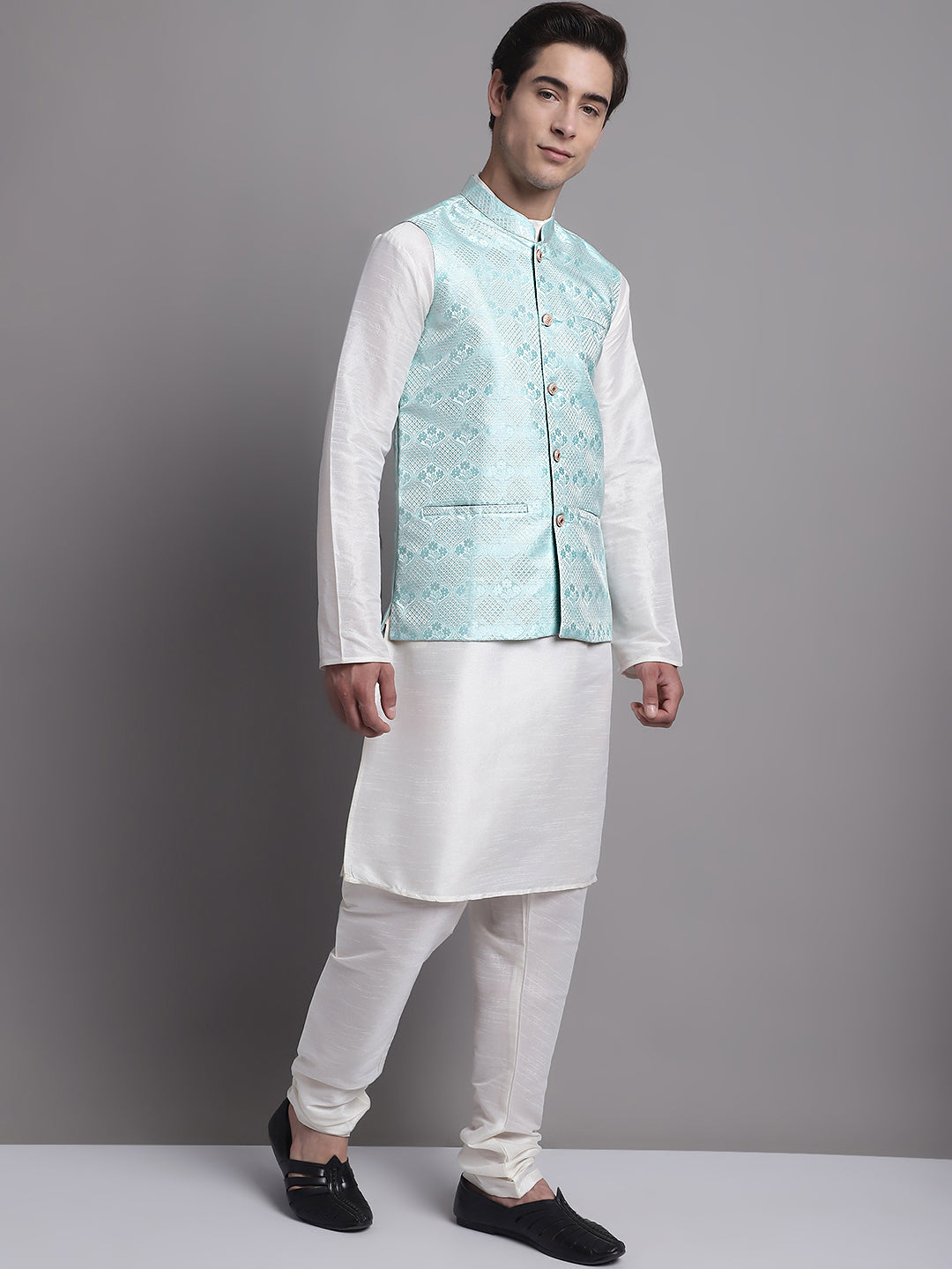 Jompers Men's Turquoise Blue Woven Design Nehru Jacket With Solid Kurta Pyjama - Distacart