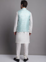 Thumbnail for Jompers Men's Turquoise Blue Woven Design Nehru Jacket With Solid Kurta Pyjama - Distacart