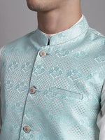 Thumbnail for Jompers Men's Turquoise Blue Woven Design Nehru Jacket With Solid Kurta Pyjama - Distacart