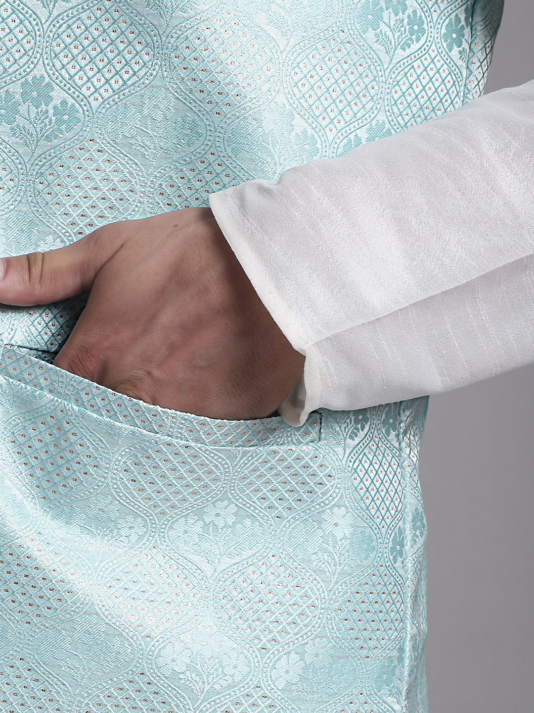 Jompers Men's Turquoise Blue Woven Design Nehru Jacket With Solid Kurta Pyjama - Distacart