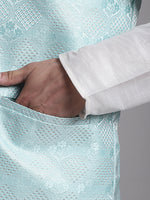 Thumbnail for Jompers Men's Turquoise Blue Woven Design Nehru Jacket With Solid Kurta Pyjama - Distacart