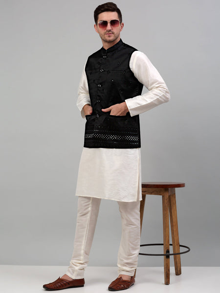 Jompers Men's Embroidered Nehru Jacket With Solid Kurta Pyjama Set - Black - Distacart