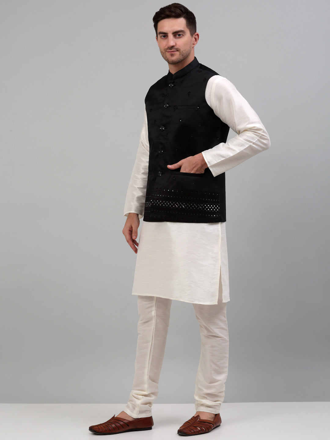 Jompers Men's Embroidered Nehru Jacket With Solid Kurta Pyjama Set - Black - Distacart