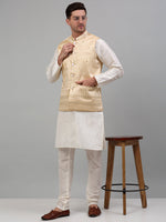 Thumbnail for Jompers Men's Embroidered Nehru Jacket With Solid Kurta Pyjama Set - Golden - Distacart
