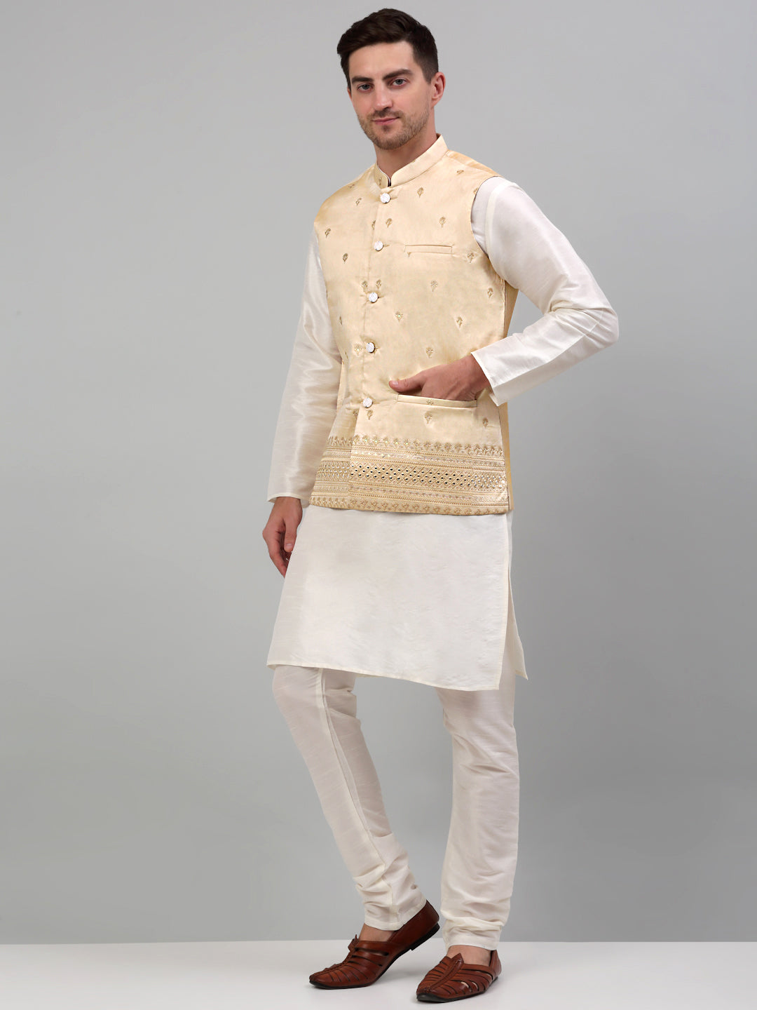 Jompers Men's Embroidered Nehru Jacket With Solid Kurta Pyjama Set - Golden - Distacart