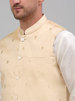 Thumbnail for Jompers Men's Embroidered Nehru Jacket With Solid Kurta Pyjama Set - Golden - Distacart