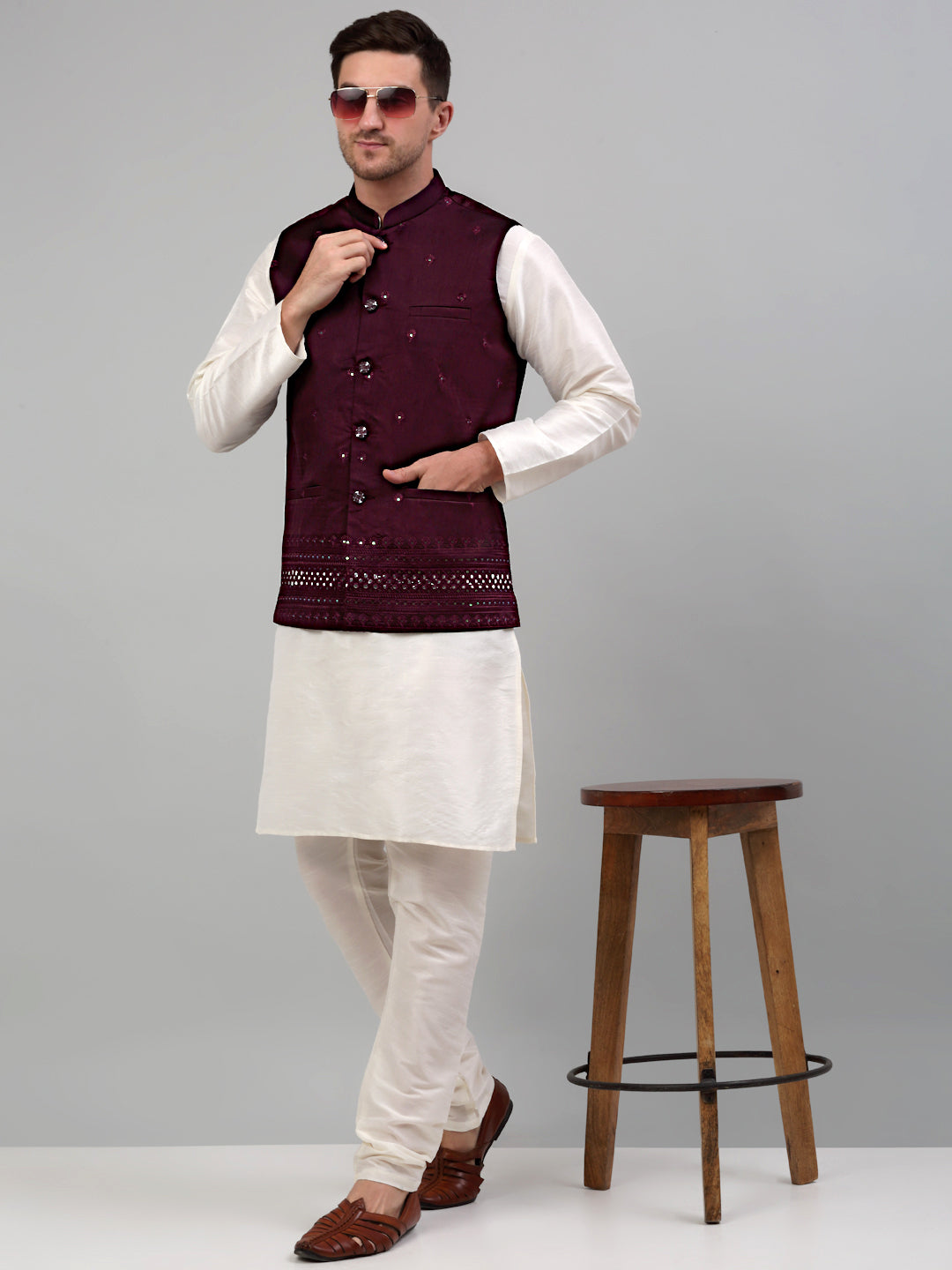 Jompers Men's Embroidered Nehru Jacket With Solid Kurta Pyjama Set - Purple - Distacart