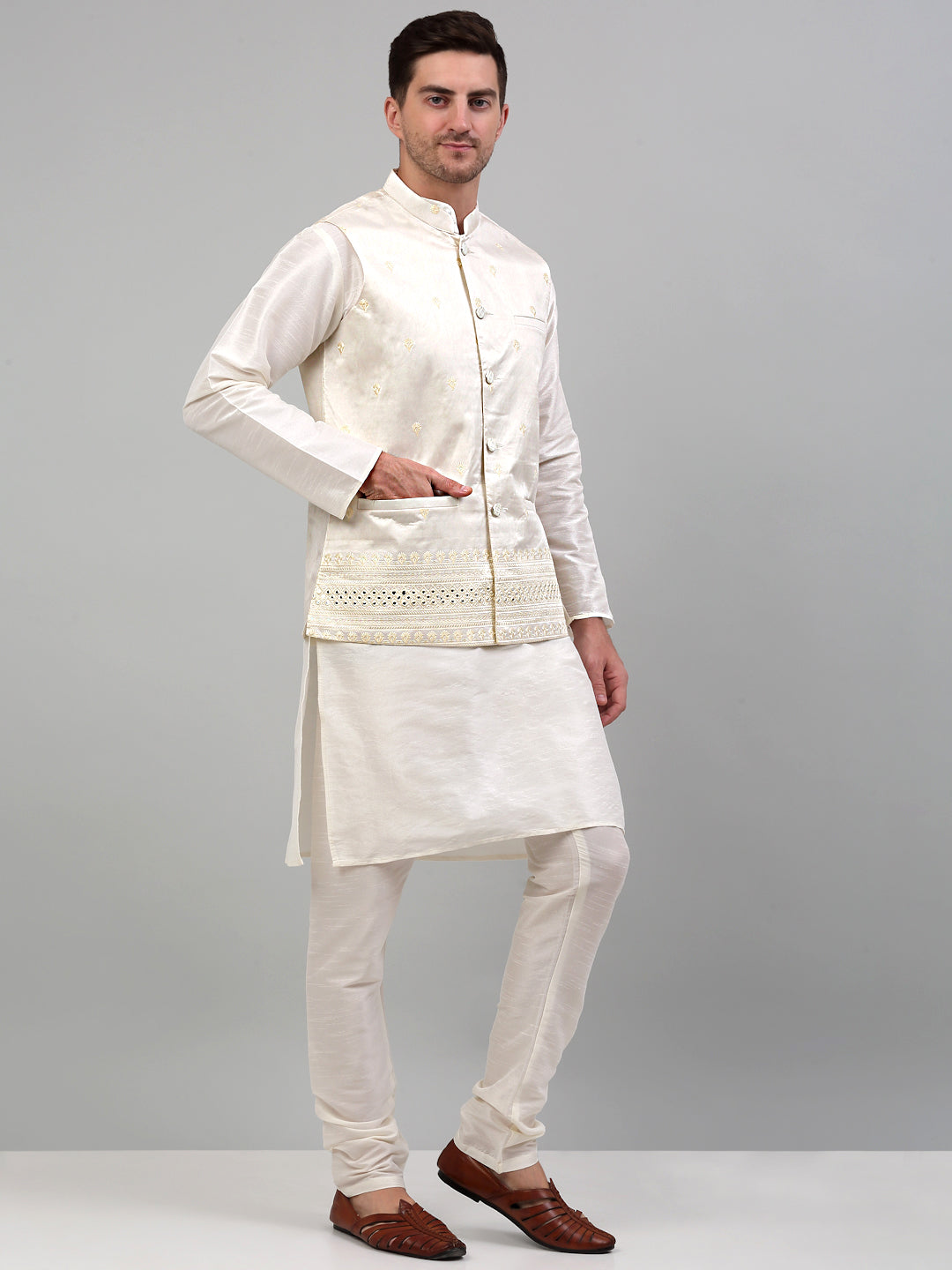 Jompers Men's Embroidered Nehru Jacket With Solid Kurta Pyjama Set - White - Distacart