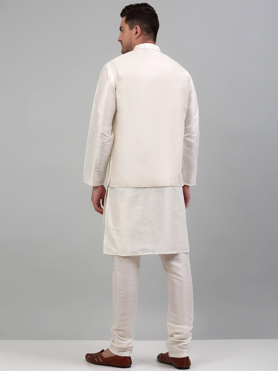 Jompers Men's Embroidered Nehru Jacket With Solid Kurta Pyjama Set - White - Distacart