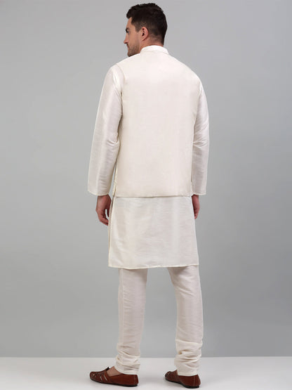 Jompers Men's Embroidered Nehru Jacket With Solid Kurta Pyjama Set - White - Distacart