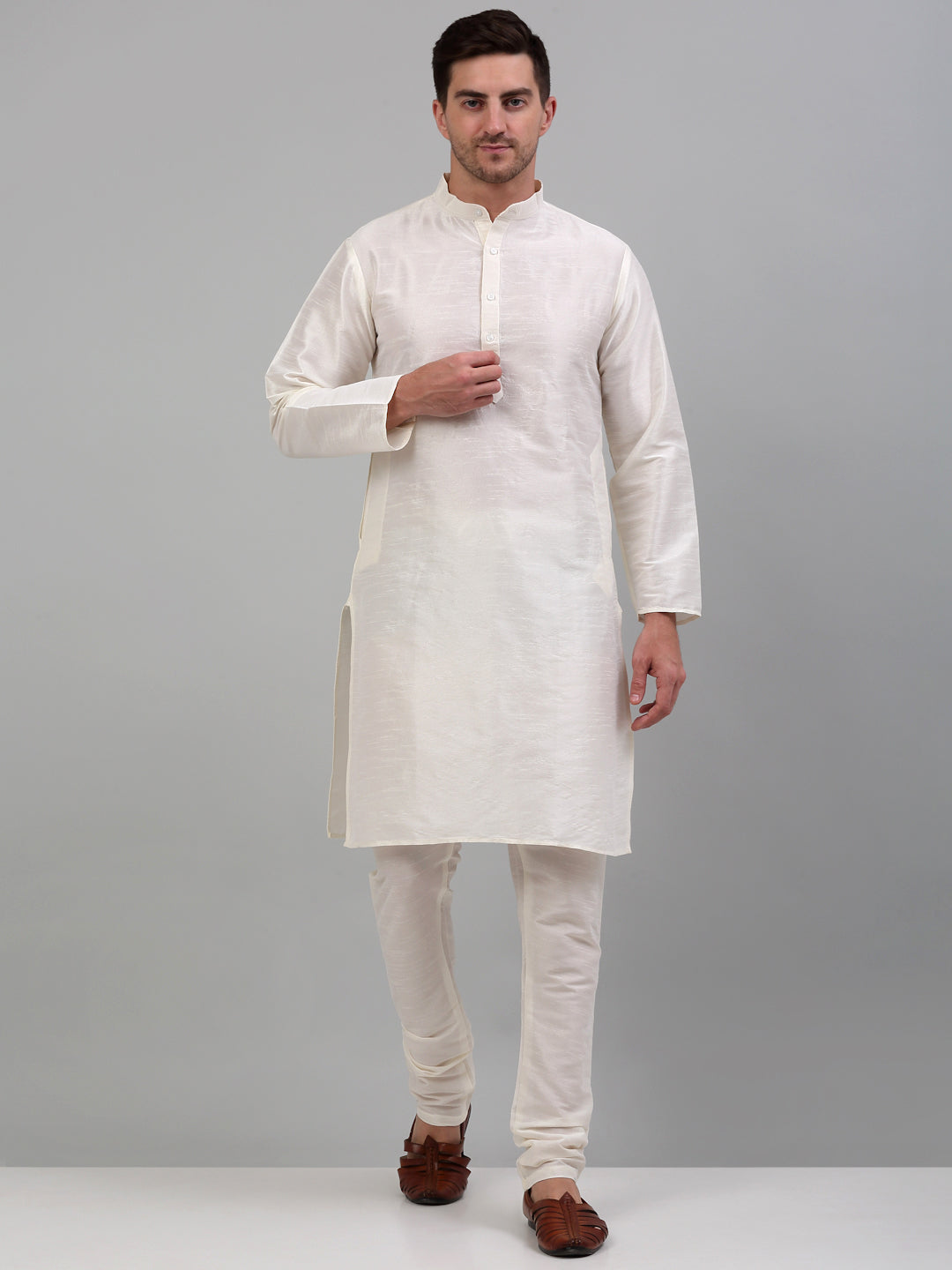 Jompers Men's Embroidered Nehru Jacket With Solid Kurta Pyjama Set - White - Distacart