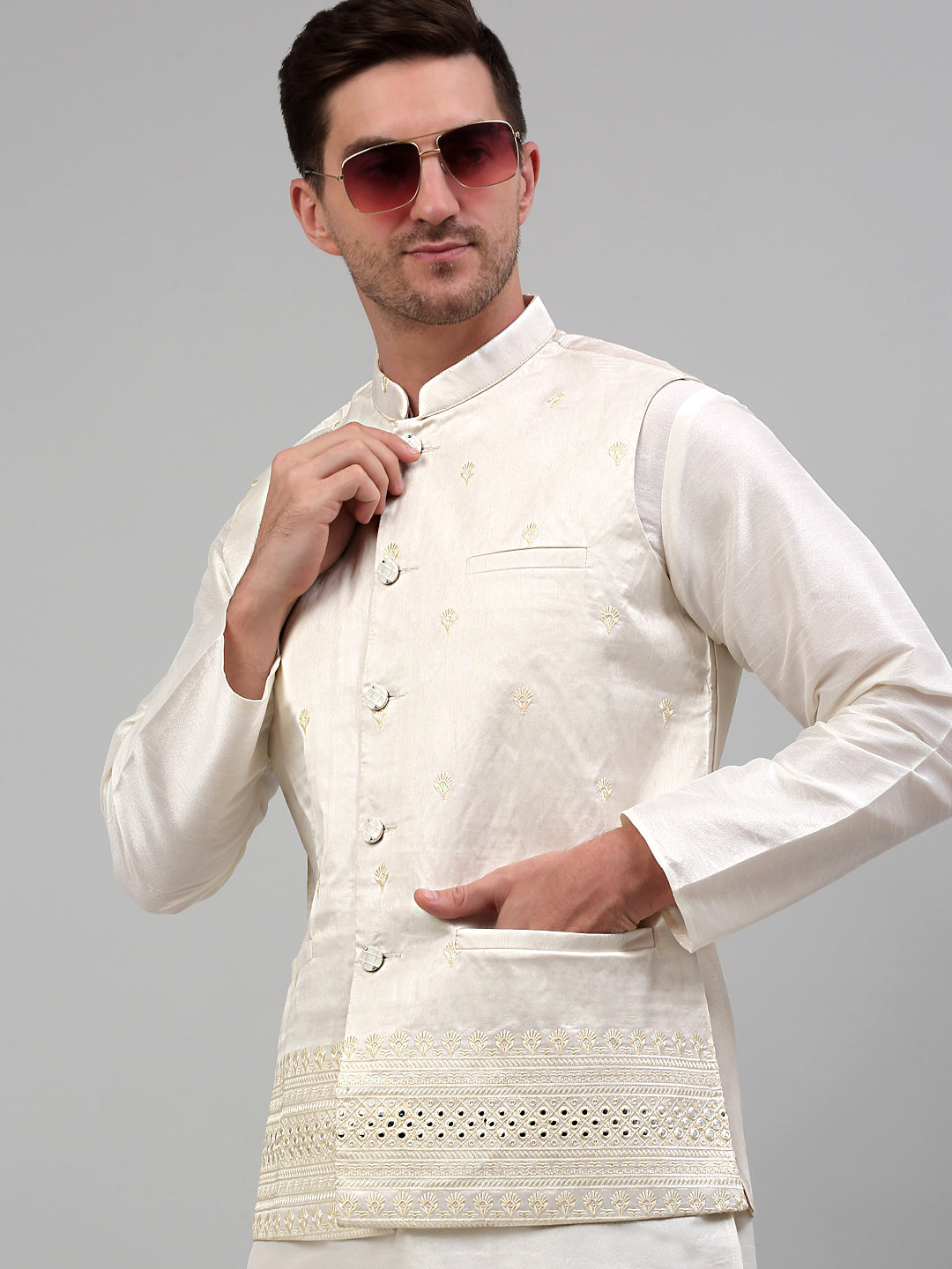 Jompers Men's Embroidered Nehru Jacket With Solid Kurta Pyjama Set - White - Distacart