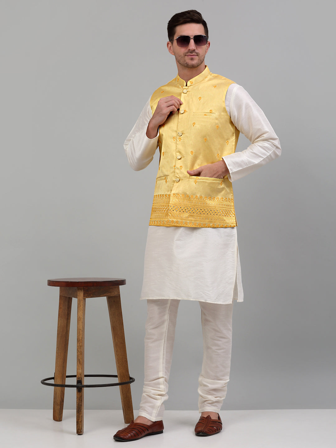 Jompers Men's Embroidered Nehru Jacket With Solid Kurta Pyjama Set - Yellow - Distacart