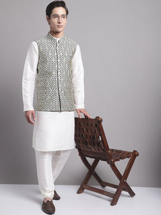 Jompers Men's Silver and Black Woven Design Nehru Jacket With Solid Kurta Pyjama - Distacart