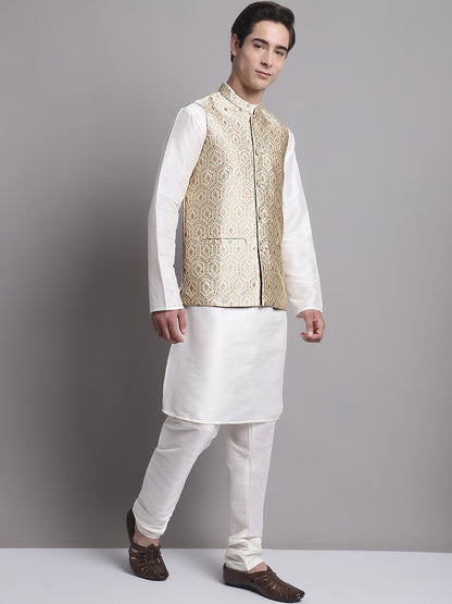 Jompers Men's Cream Woven Design Nehru Jacket With Solid Kurta Pyjama - Distacart