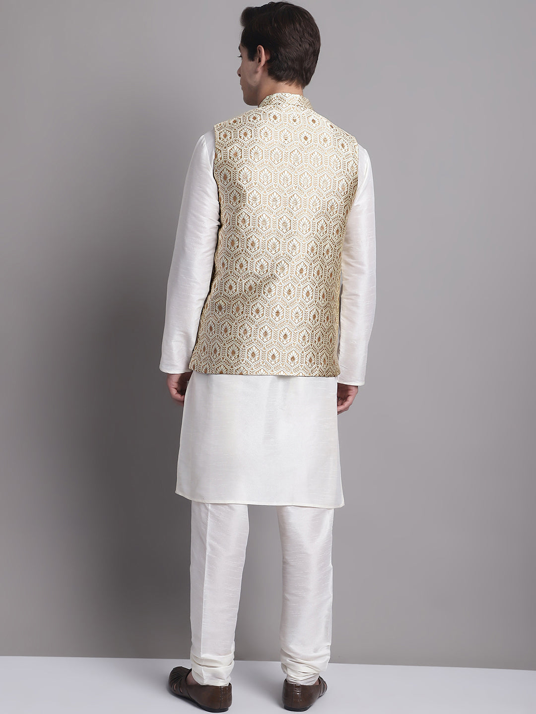Jompers Men's Cream Woven Design Nehru Jacket With Solid Kurta Pyjama - Distacart