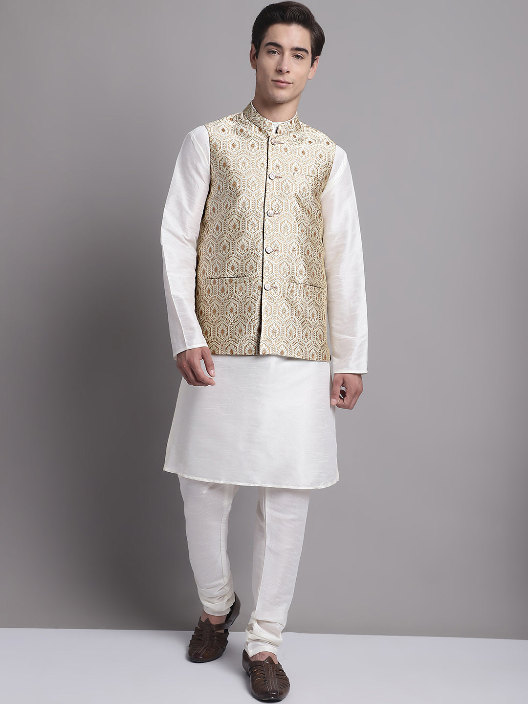 Jompers Men's Cream Woven Design Nehru Jacket With Solid Kurta Pyjama - Distacart