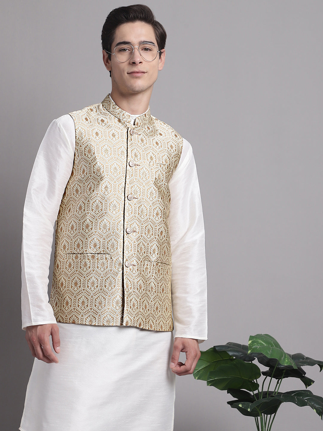 Jompers Men's Cream Woven Design Nehru Jacket With Solid Kurta Pyjama - Distacart