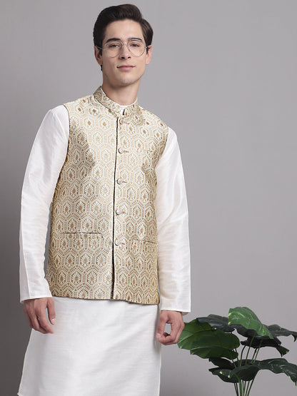 Jompers Men's Cream Woven Design Nehru Jacket With Solid Kurta Pyjama - Distacart