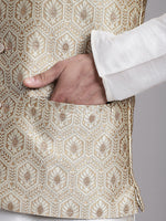 Thumbnail for Jompers Men's Cream Woven Design Nehru Jacket With Solid Kurta Pyjama - Distacart