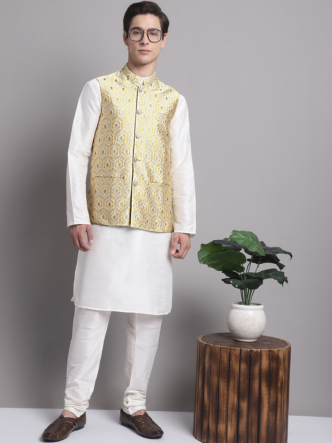 Jompers Men's Golden Woven Design Nehru Jacket With Solid Kurta Pyjama - Distacart