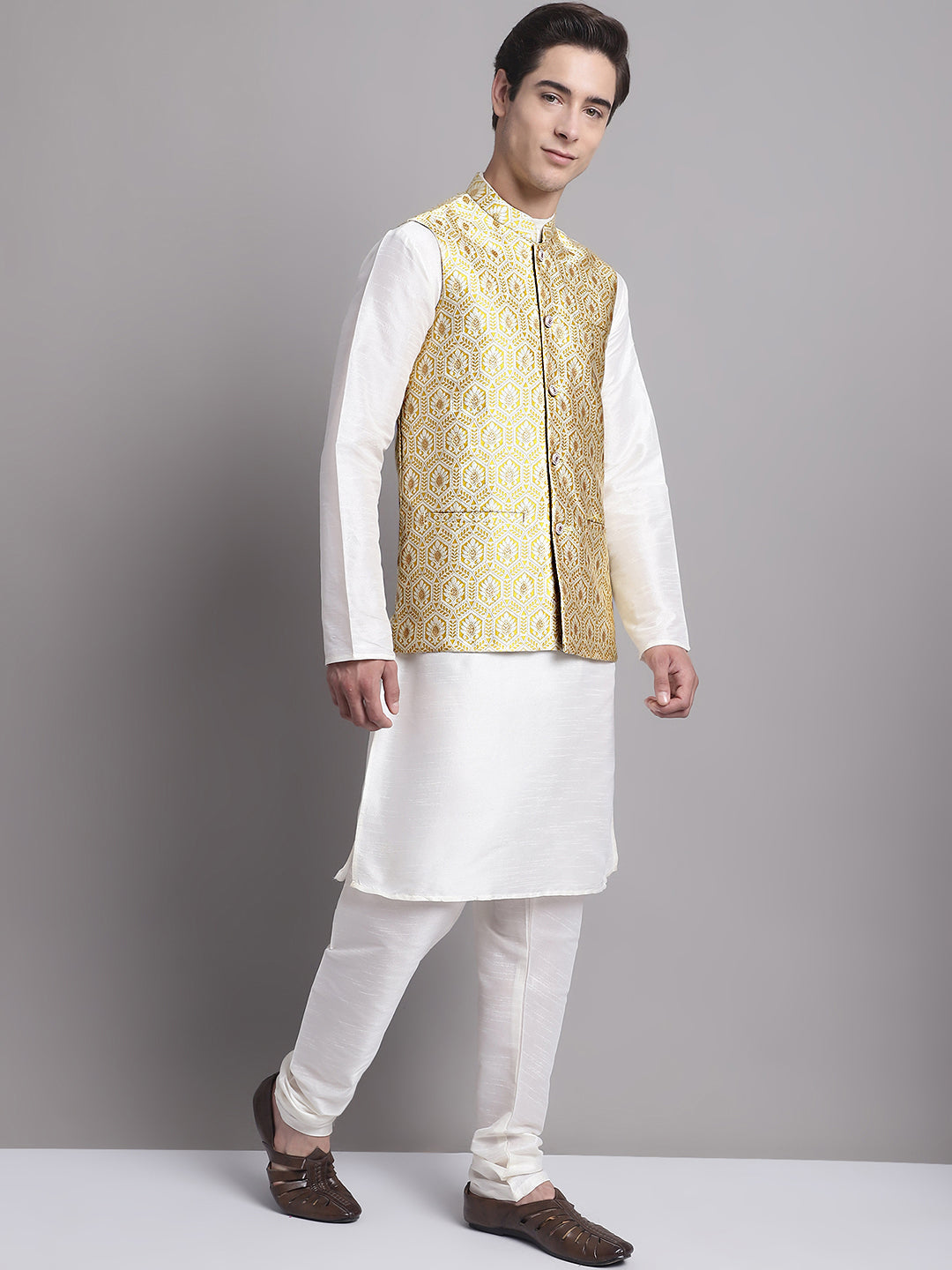 Jompers Men's Golden Woven Design Nehru Jacket With Solid Kurta Pyjama - Distacart