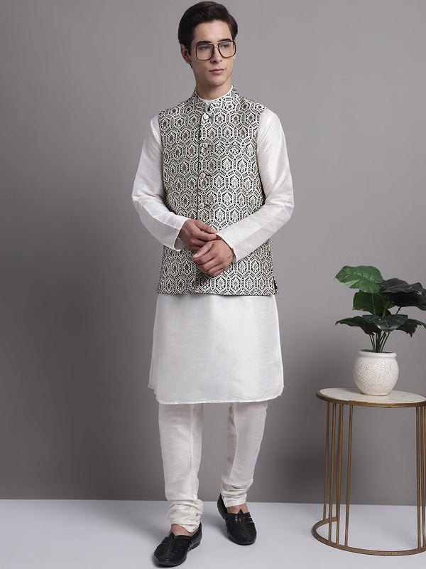 Jompers Men's Silver and Navy Blue Woven Design Nehru Jacket With Solid Kurta Pyjama - Distacart