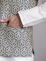 Thumbnail for Jompers Men's Silver and Navy Blue Woven Design Nehru Jacket With Solid Kurta Pyjama - Distacart