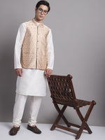Thumbnail for Jompers Men's Peach Woven Design Nehru Jacket With Solid Kurta Pyjama - Distacart