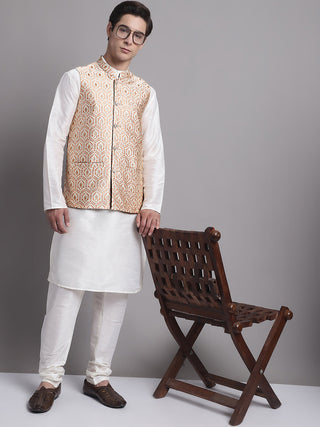 Jompers Men's Peach Woven Design Nehru Jacket With Solid Kurta Pyjama - Distacart