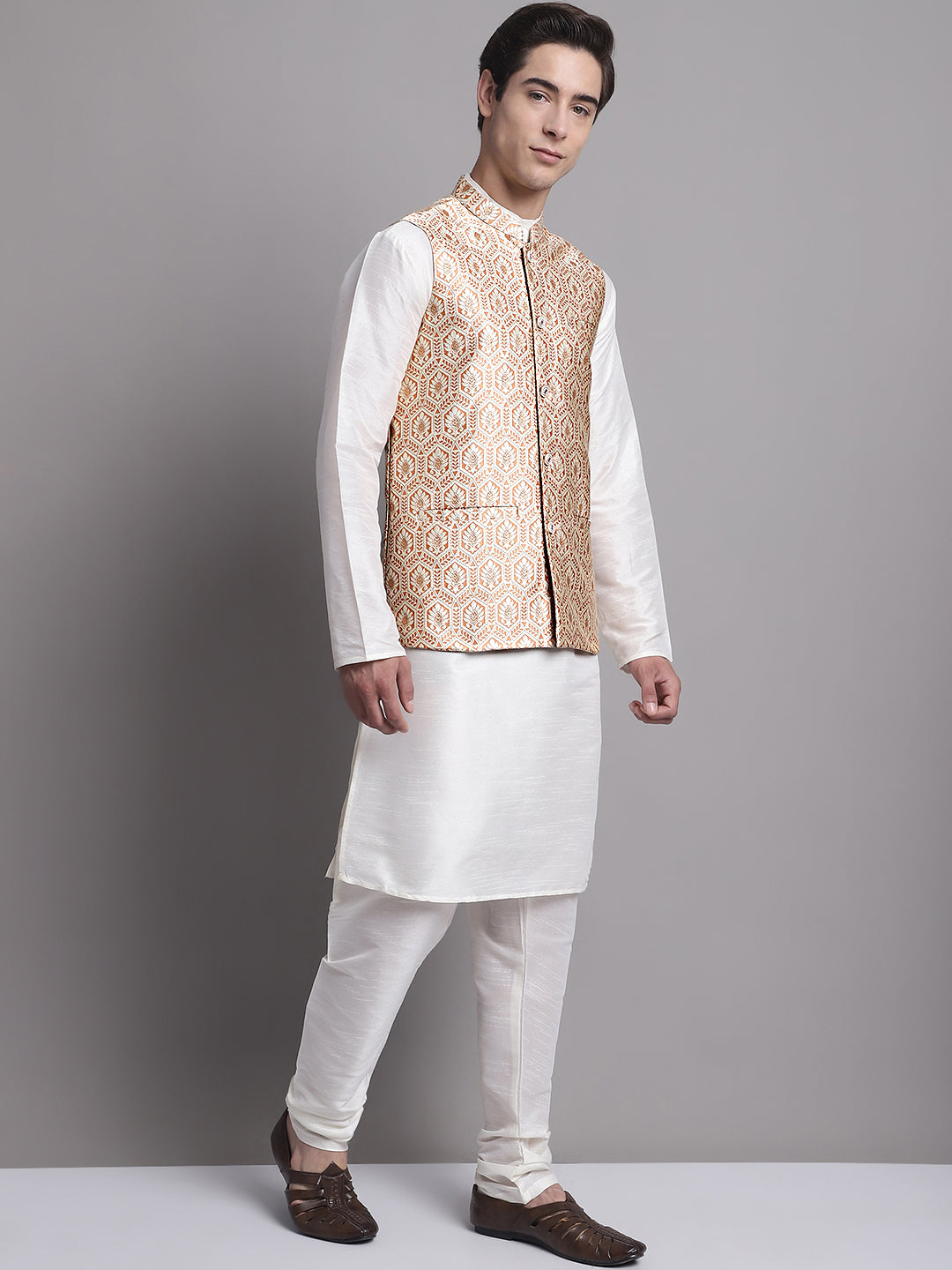Jompers Men's Peach Woven Design Nehru Jacket With Solid Kurta Pyjama - Distacart