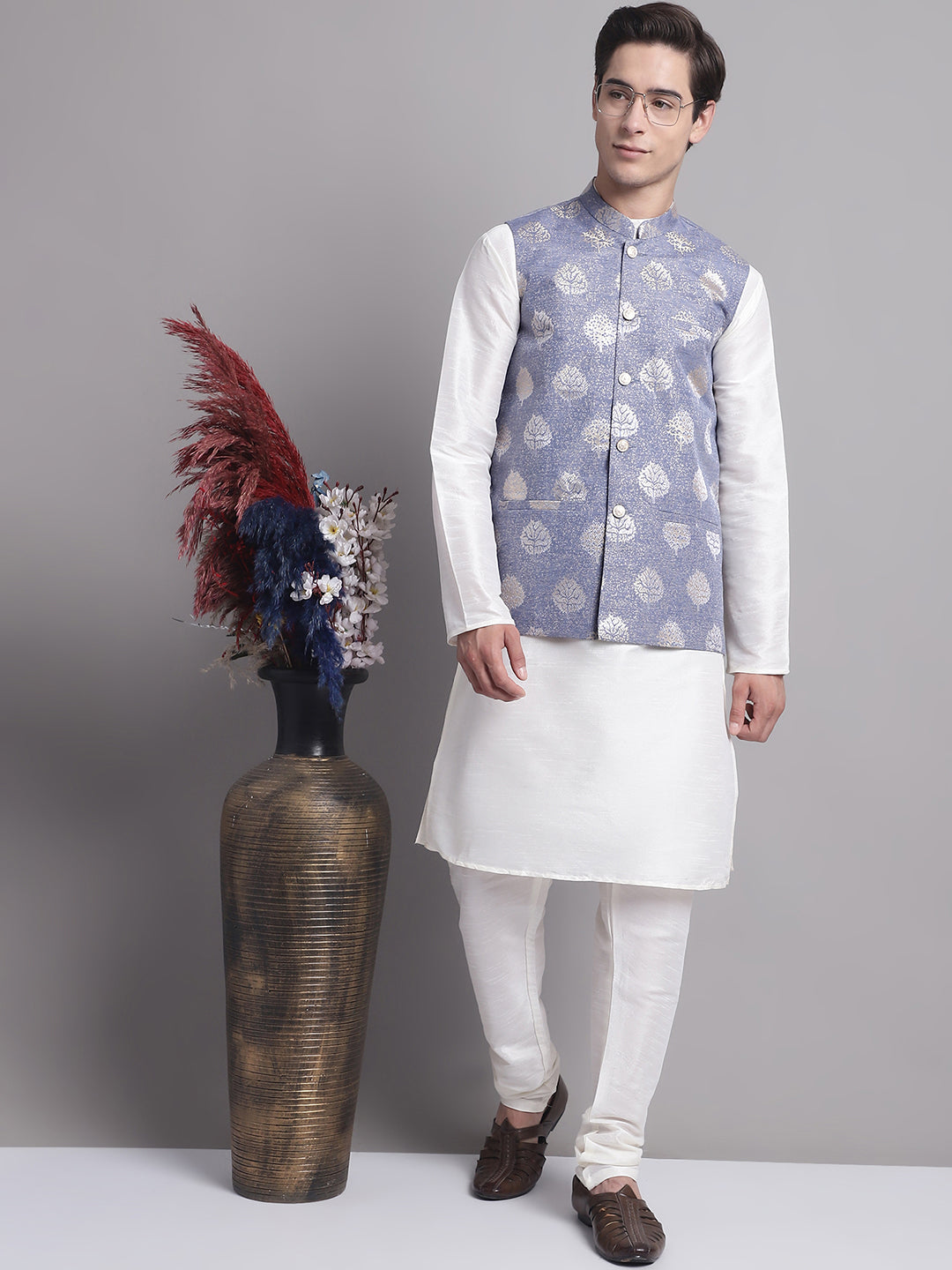 Jompers Men's Blue Printed Nehru Jacket With Solid Kurta Pyjama - Distacart