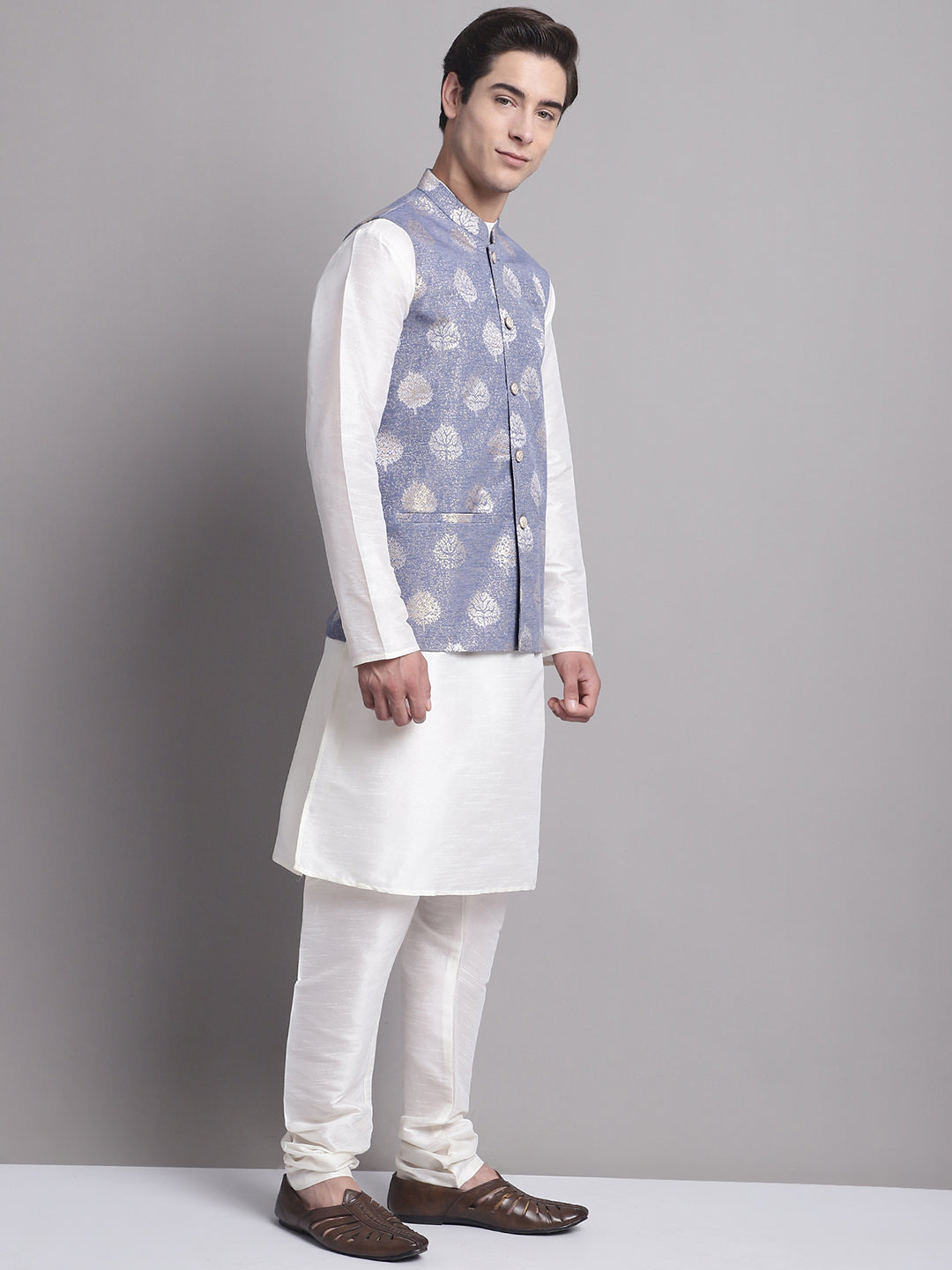 Jompers Men's Blue Printed Nehru Jacket With Solid Kurta Pyjama - Distacart