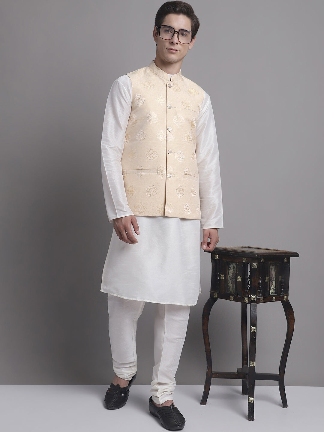Jompers Men's Cream Printed Nehru Jacket With Solid Kurta Pyjama - Distacart